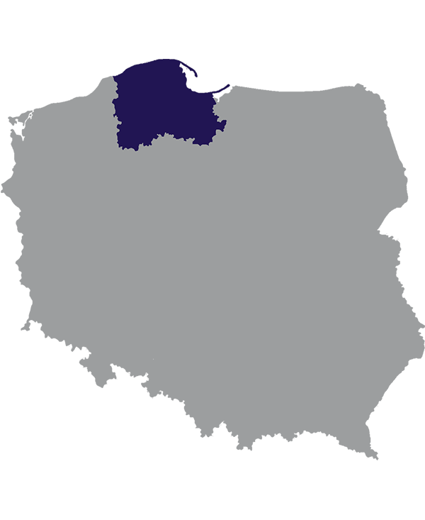 Landkaart Polen grijs met Woiwodschap Pommeren donkerblauw op transparante achtergrond - 600 * 733 pixels